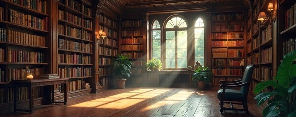 Fototapeta premium Serene Library Soft Light, Quiet Reading Room, Peaceful Atmosphere, Bookshelves Filled with Volumes, Contemplative Space, Wisdom, Literature, Study