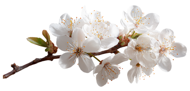 Close-up of a branch with delicate white blossoms.  A cluster of blossoms, with soft, rounded petals, sits on a twig.  