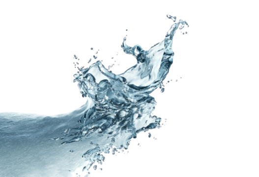 A dynamic water splash against a black background. A powerful, flowing stream of water, with a complex pattern of bubbles and droplets, creating a sculptural form.