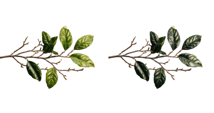 Two sprigs of foliage, contrasting in color