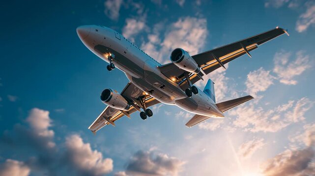 An airplane soaring through a blue sky with clouds, illuminated by sunlight, creating a dynamic and inspiring scene.