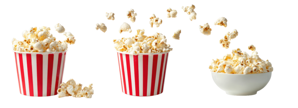 Three paper popcorn containers, one white bowl, overflowing with popcorn.  Popcorn kernels are scattered around the containers, suggesting a dynamic, fresh, and abundant snack.  