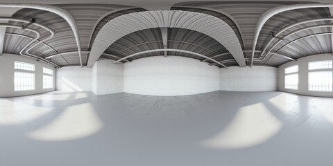 Full spherical hdri panorama 360 degrees of empty exhibition space. backdrop for exhibitions and events. Tile floor. Marketing mock up. 3D render illustration	