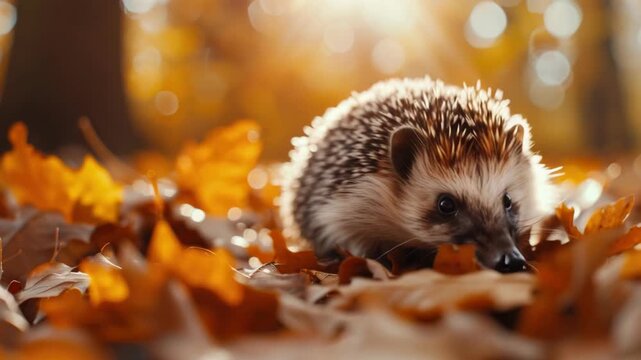 A small brown hedgehog sitting among fallen autumn leaves with a soft focus background of sunlit trees.