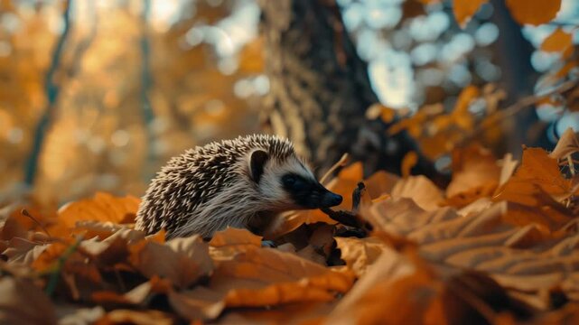 A cute hedgehog laying on a bed of autumn leaves. Perfect for seasonal and nature themes.