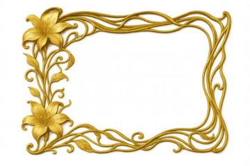 Gold art nouveau frame with lilies and floral ornate border, vintage elegant decorative element, transparent background