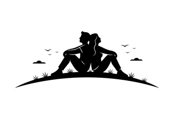 Valentine vector art of couple sitting back to back in nature