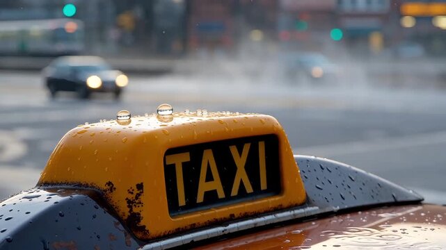 Close-up of a yellow taxi sign on a car roof with rain drops and blurred traffic in the background
