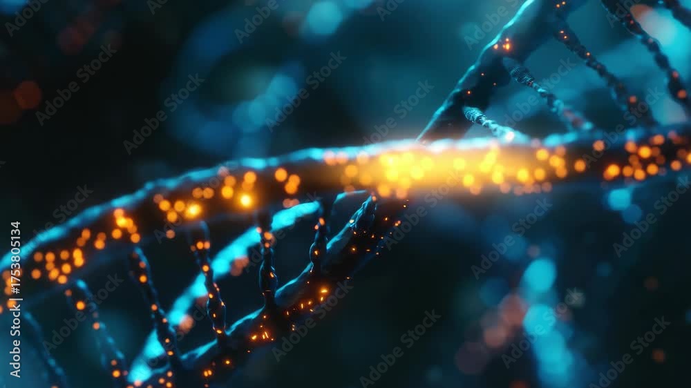 Wall mural an artistic depiction of dna strands with glowing orbs and a dark background, symbolizing genetic co
