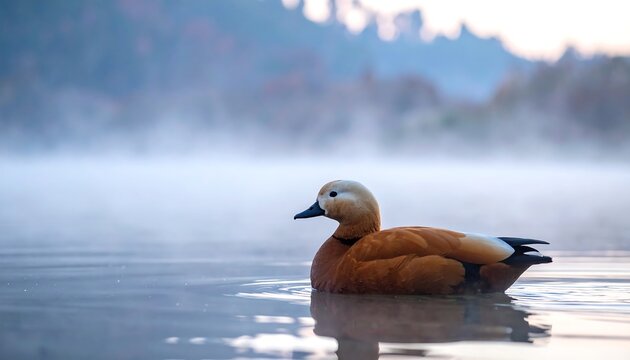 Ruddy Shelduck Swimming Peacefully in Misty Lake at Dawn.