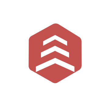 Bold, geometric logo featuring an upward-pointing arrow stack within a pentagon shape. Symbolizes success, growth, achievement, or military/defense. Brown/Red color