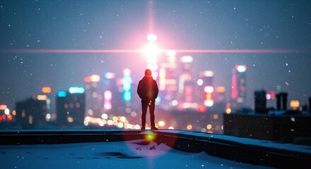 Person standing before glowing neon city skyline