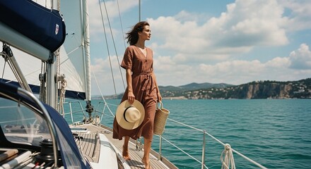 Woman holding hat on sailboat in sunlight