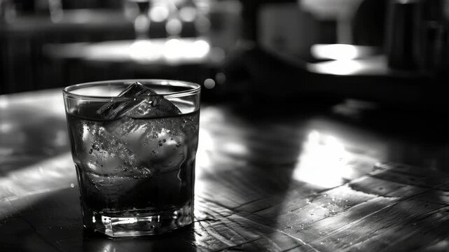 The glass is filled with ice. The drink has a brown color.