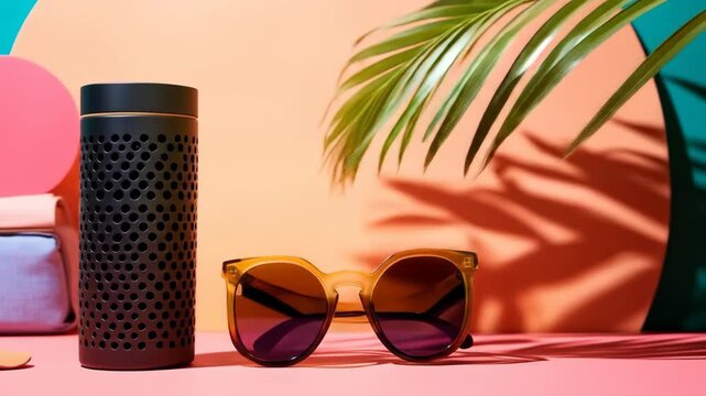 Arrangement of leisure objects on colorful background with plant shadow