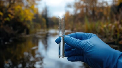 A gloved hand holds a test tube filled with water, against a blurred river and autumnal trees