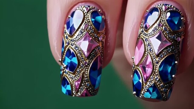 Elegant Nail Art Design with Colorful Gems and Intricate Detailing with ai generated