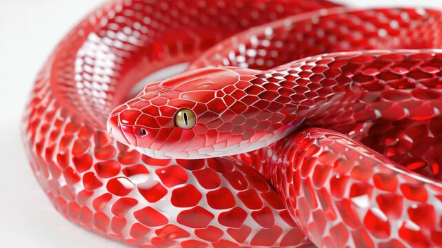 Close-up  of a red python snake coiled up on white background with vibrant scales and intense gaze.