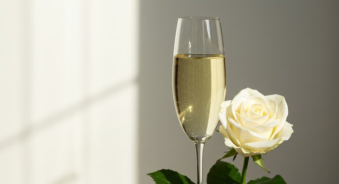 Sunlight dances on the wall behind a flute filled with sparkling wine,accented by single,elegant white rose in full bloom. Christmas and happy new year mood,copy space. - Powered by Adobe