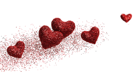 Sparkling red hearts explode and scatter on black background