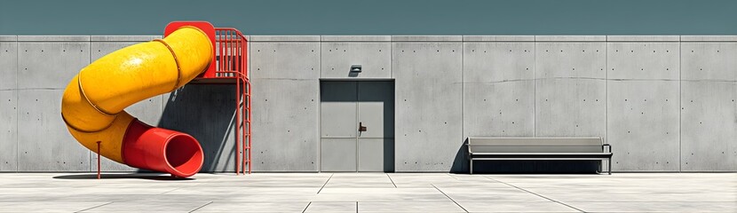 Minimalist playground slide and wall, stark architectural scene, empty space, modern design, isolation