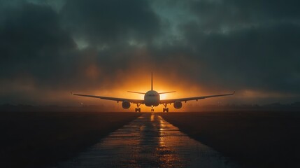A jet plane is poised on a runway facing the viewer, bathed in the golden light of the setting sun