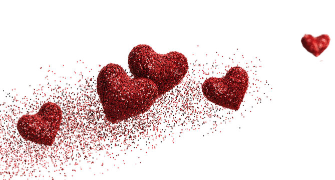 Sparkling red hearts explode and scatter on black background