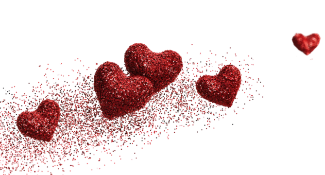 Sparkling red hearts explode and scatter on black background