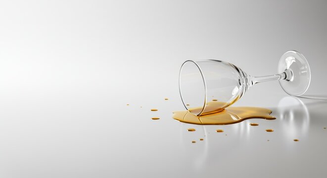 An overturned wine glass spills its golden contents across the white surface,creating a visual representation of minor mishap. Christmas and happy new year mood,copy space.