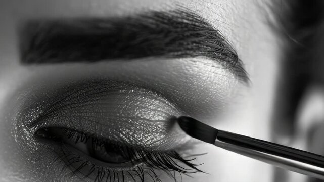 A skilled hand brushes on dark makeup, creating a dramatic and elegant look.