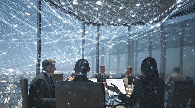 Modern Office Meeting with Digital Network Connections Visualized with ai generated