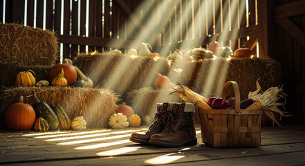 Harvest still life with pumpkins in dramatic barn sunlight
