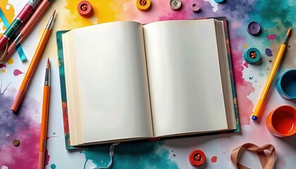 book mockup with blank white pages lying among creative elements such as colorful pencils, markers, brushes, sketches, and pages with drawings or watercolor splashes. art, craft, design, 