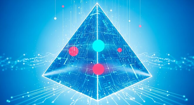 A glowing blue pyramid with interconnected circuits and floating spheres, futuristic digital concept.