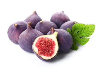 Many fresh ripe figs with leaf on white background