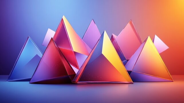 Geometric composition showcasing vibrant, translucent, triangular forms bathed in colorful lighting