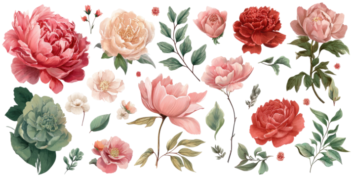 A profusion of blooming roses and peonies in various shades of pink, red, and cream, accented by muted greens