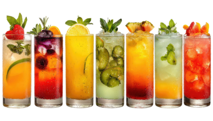 A horizontal row of colorful, refreshing cocktails.  Each tall glass holds a vibrant, layered drink, garnished with fresh fruit and herbs.  The drinks range in hues from vibrant yellow to deep red