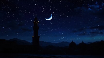 Nighttime cityscape silhouette with a mosque tower, crescent moon, and starry sky