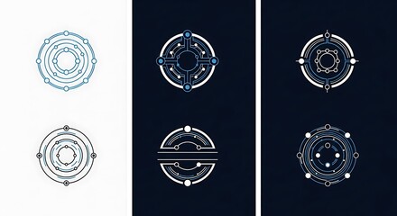 A collection of abstract circular designs with geometric and technological elements on contrasting backgrounds.