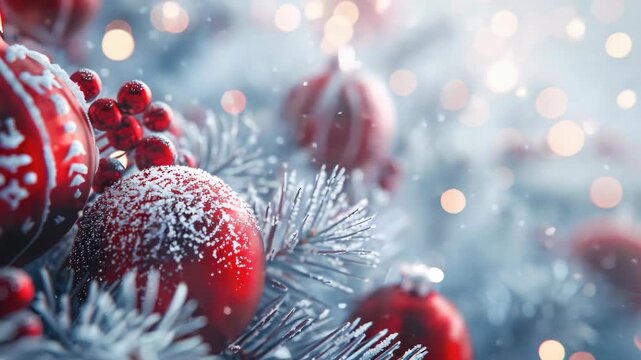 A festive scene with red and white ornaments dangling from a snowy tree branch.