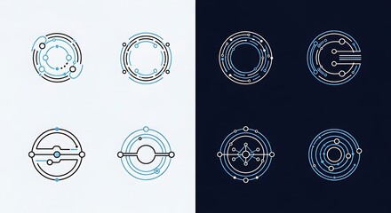 Six abstract circular designs showcasing circuit board elements, with light and dark backgrounds.