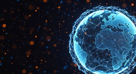 Naklejka premium Digital representation of Earth with connected nodes, surrounded by particles.