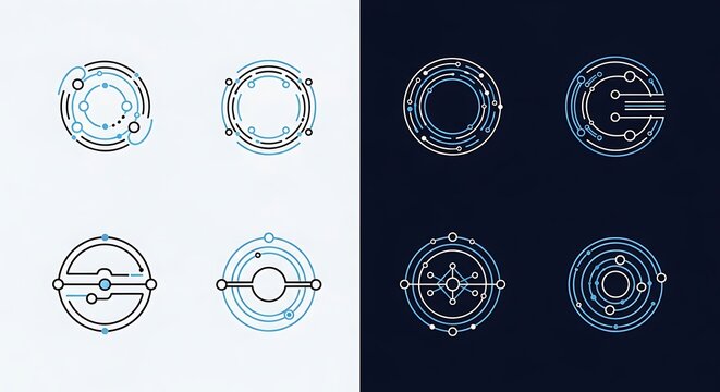 Six abstract circular designs showcasing circuit board elements, with light and dark backgrounds. - Powered by Adobe