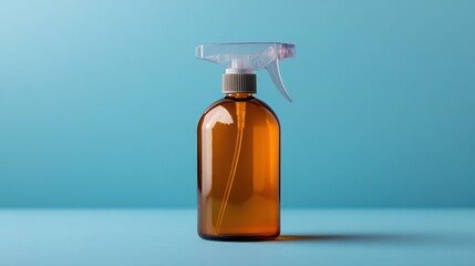 A transparent brown spray bottle with a light blue background, isolated on a matching surface