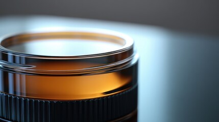 Close-up of a transparent container filled with amber liquid against a blurred background