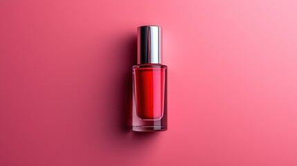 A small, rectangular glass bottle with a silver cap, filled with red liquid, set on pink background