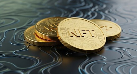 Stack of golden NFT coins against a textured, wavy, metallic background, highlighting digital currency and investment.