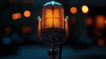 Illuminated vintage microphone with a warm glow against a dark, blurry bokeh background