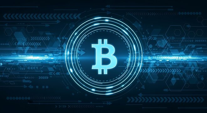 Digital illustration of a Bitcoin symbol surrounded by glowing concentric circles and abstract technological patterns on a dark blue background.
